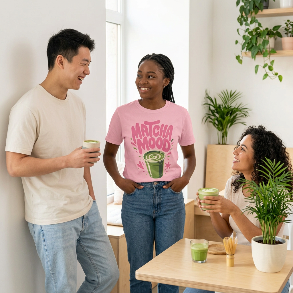 Matcha Mood T-Shirt | Matcha Latte Illustration, Pink Green Graphic Tee