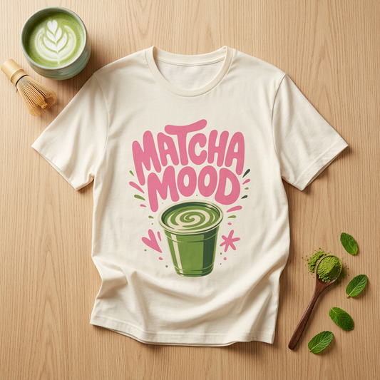 Matcha Mood T-Shirt | Matcha Latte Illustration, Pink Green Graphic Tee