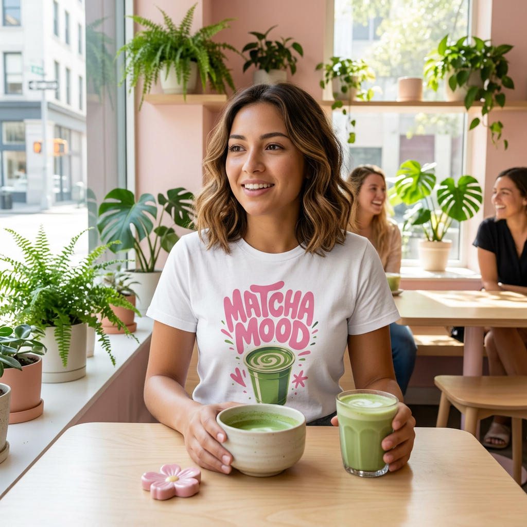 Matcha Mood T-Shirt | Matcha Latte Illustration, Pink Green Graphic Tee