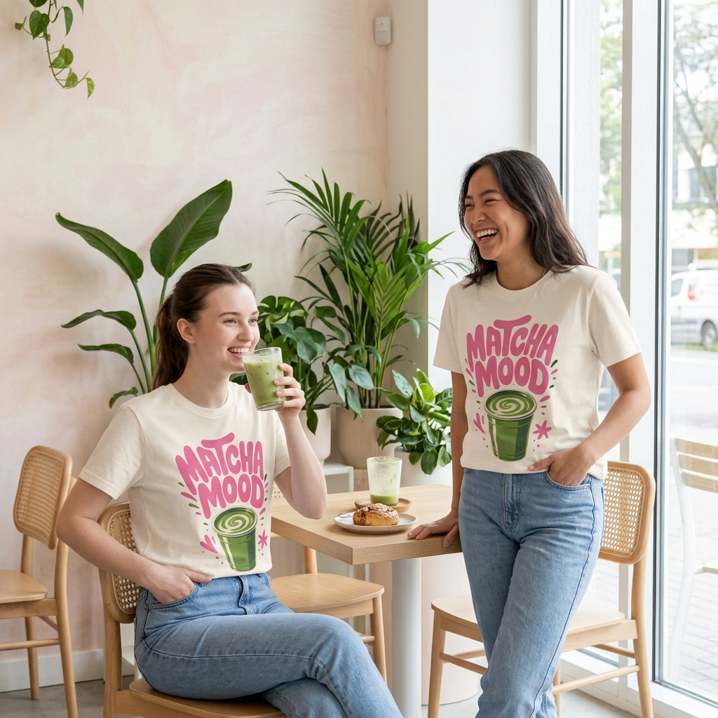 Matcha Mood T-Shirt | Matcha Latte Illustration, Pink Green Graphic Tee