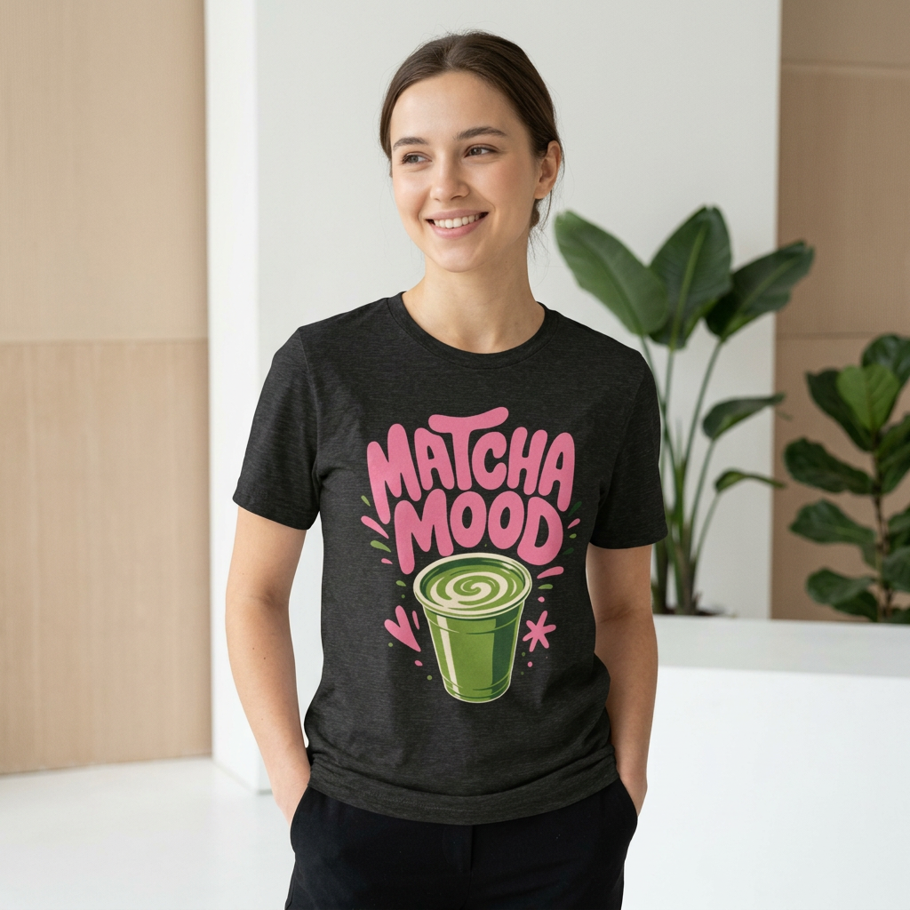 Matcha Mood T-Shirt | Matcha Latte Illustration, Pink Green Graphic Tee