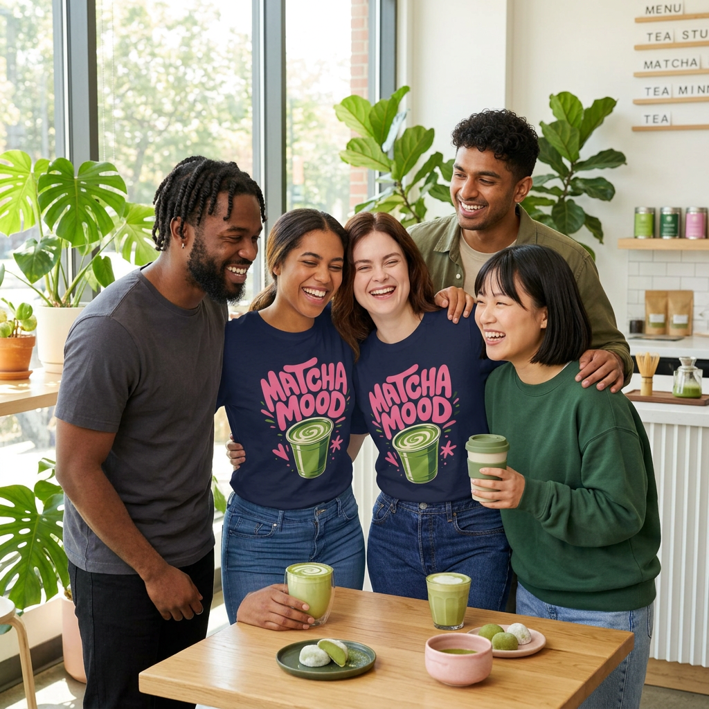 Matcha Mood T-Shirt | Matcha Latte Illustration, Pink Green Graphic Tee
