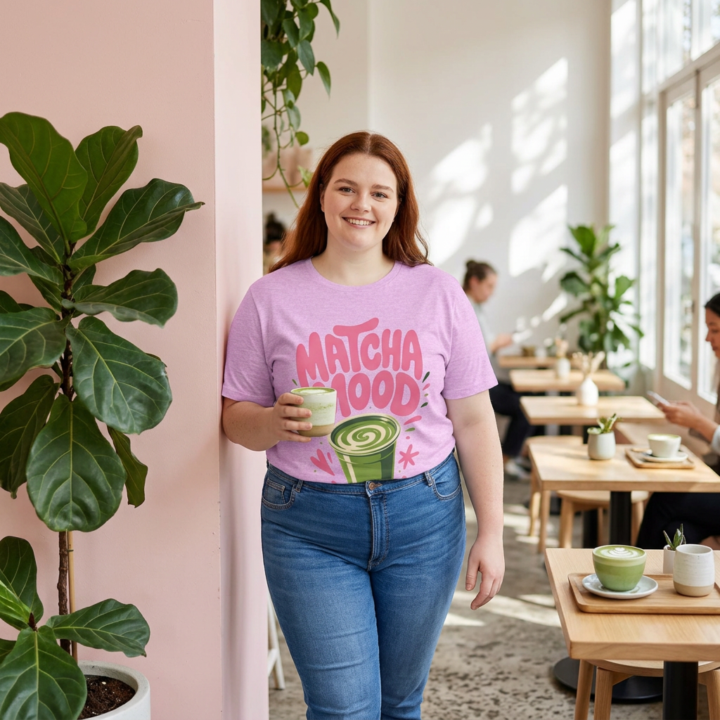 Matcha Mood T-Shirt | Matcha Latte Illustration, Pink Green Graphic Tee