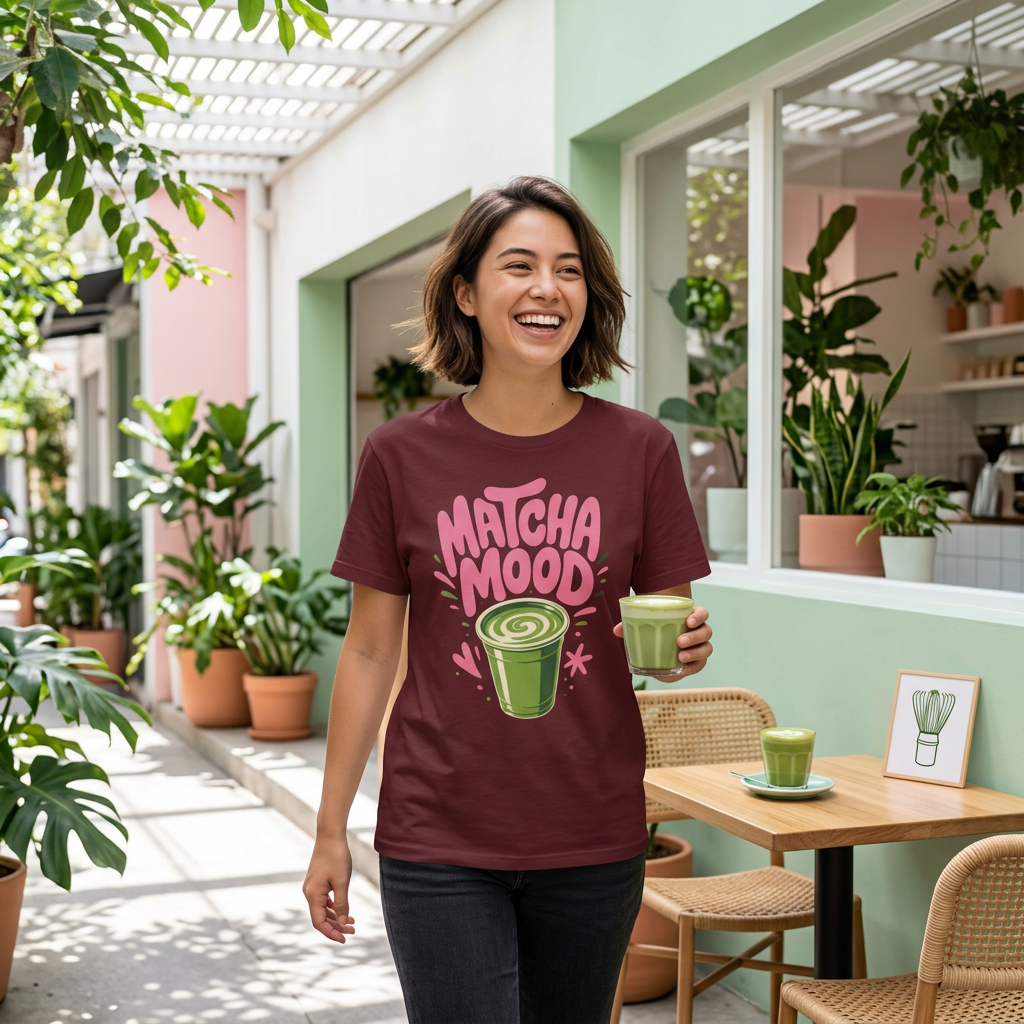 Matcha Mood T-Shirt | Matcha Latte Illustration, Pink Green Graphic Tee